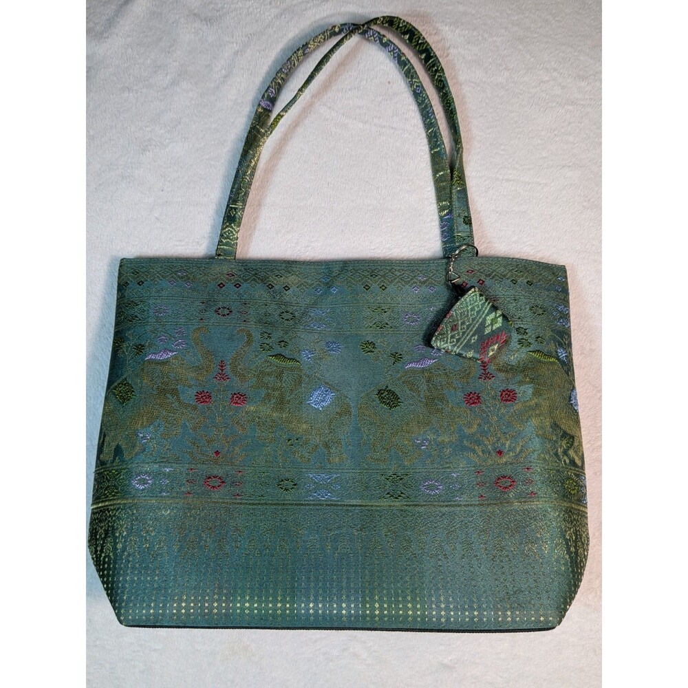 Vintage Thai Silk Elephant Tote Bag Shoulder Handbag Green Brocade W Coin Purse